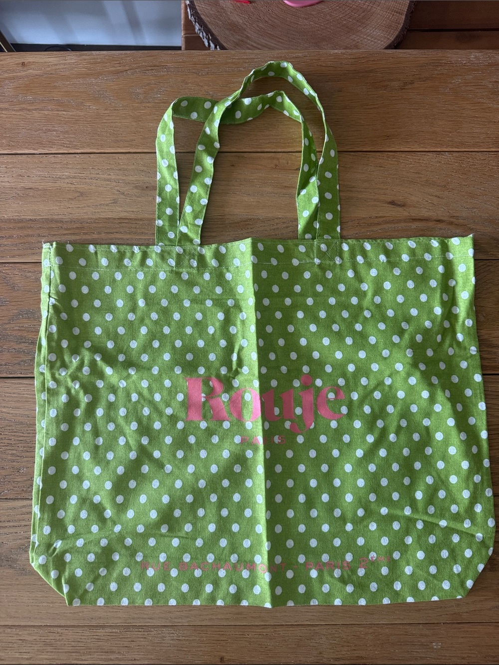 Rouje Lime Green Polka Dot Tote with Pink Logo